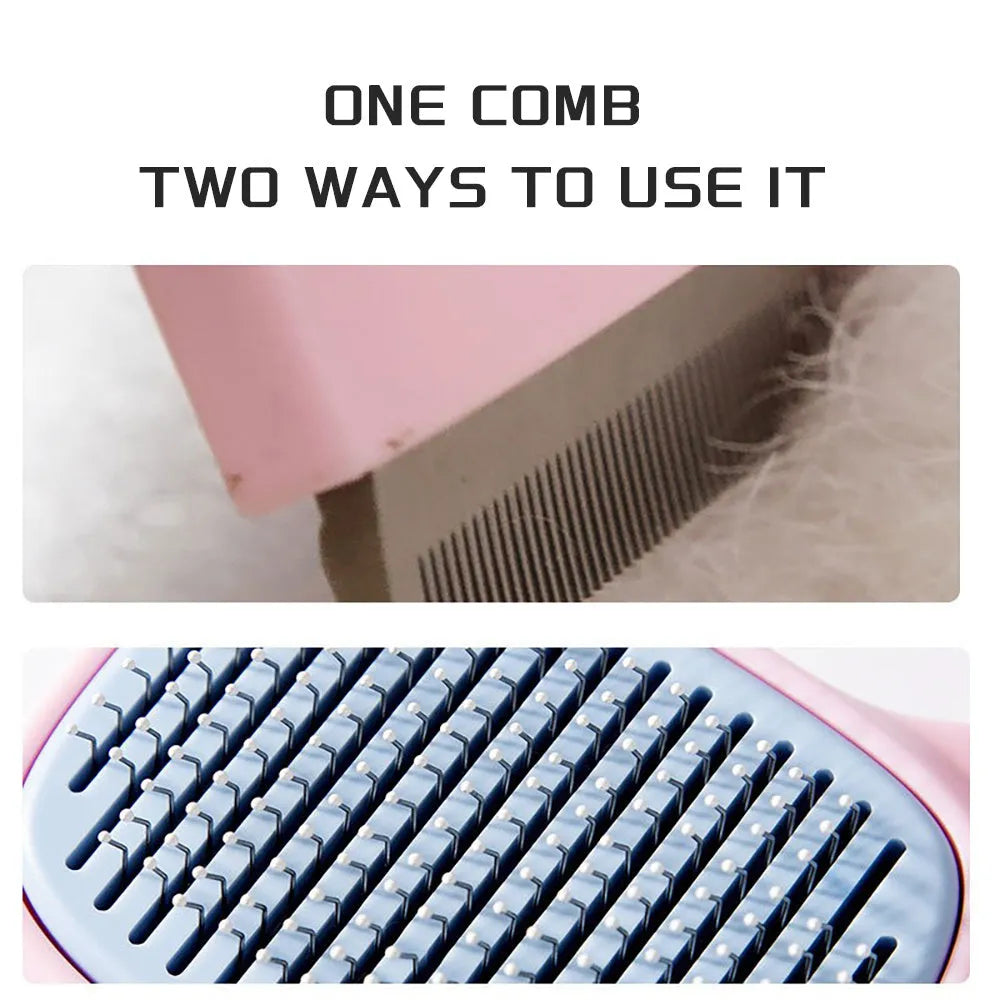 Blue and green double-sided pet grooming brush with dematting comb and undercoat rake on a 195mm handle.