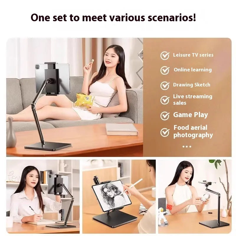 Alloy mobile phone desktop bracket with adjustable arms and remote control for live streaming