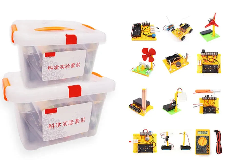 Plastic DIY electronic science experiment set with solar fan, hand generator, simple motor, and music doorbell for children ages 7-14