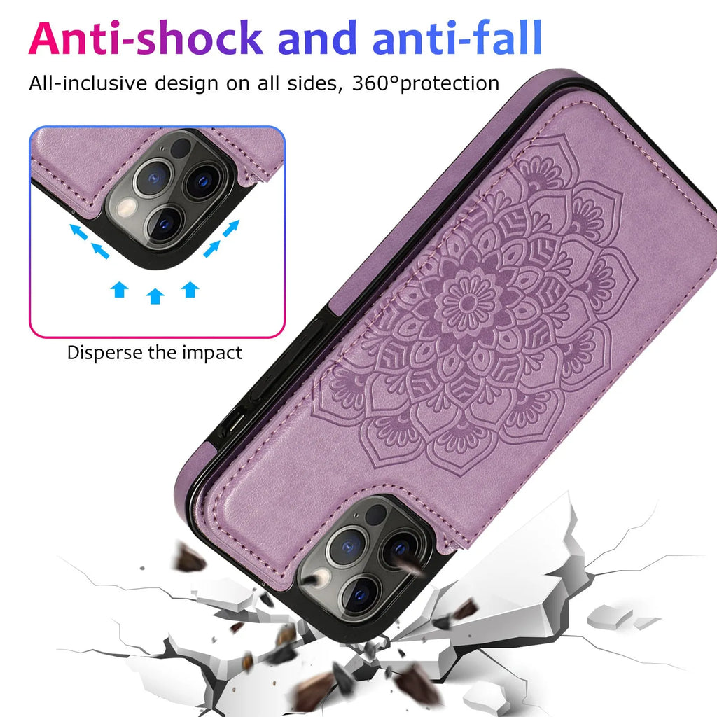 Purple flip PU leather phone case with embossed mandala pattern and card holder slot open on a white background
