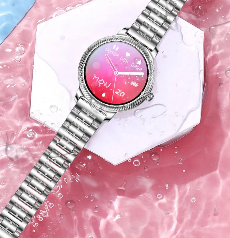 AK38 ladies smart watch with stainless steel band and 1.09-inch display in gold and silver colour options