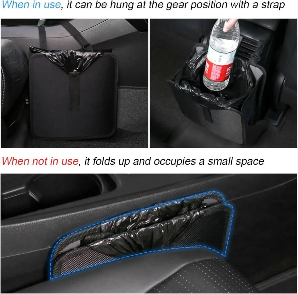 Black car hanging trash can with handle, made from Oxford cloth, shown folded and open