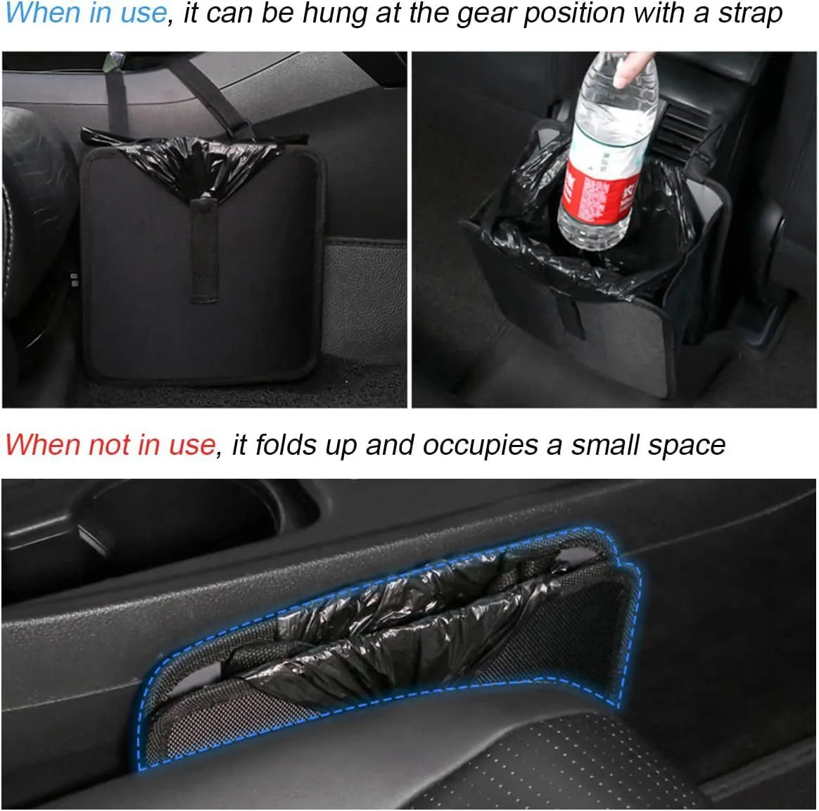 Black car hanging trash can with handle, made from Oxford cloth, shown folded and open