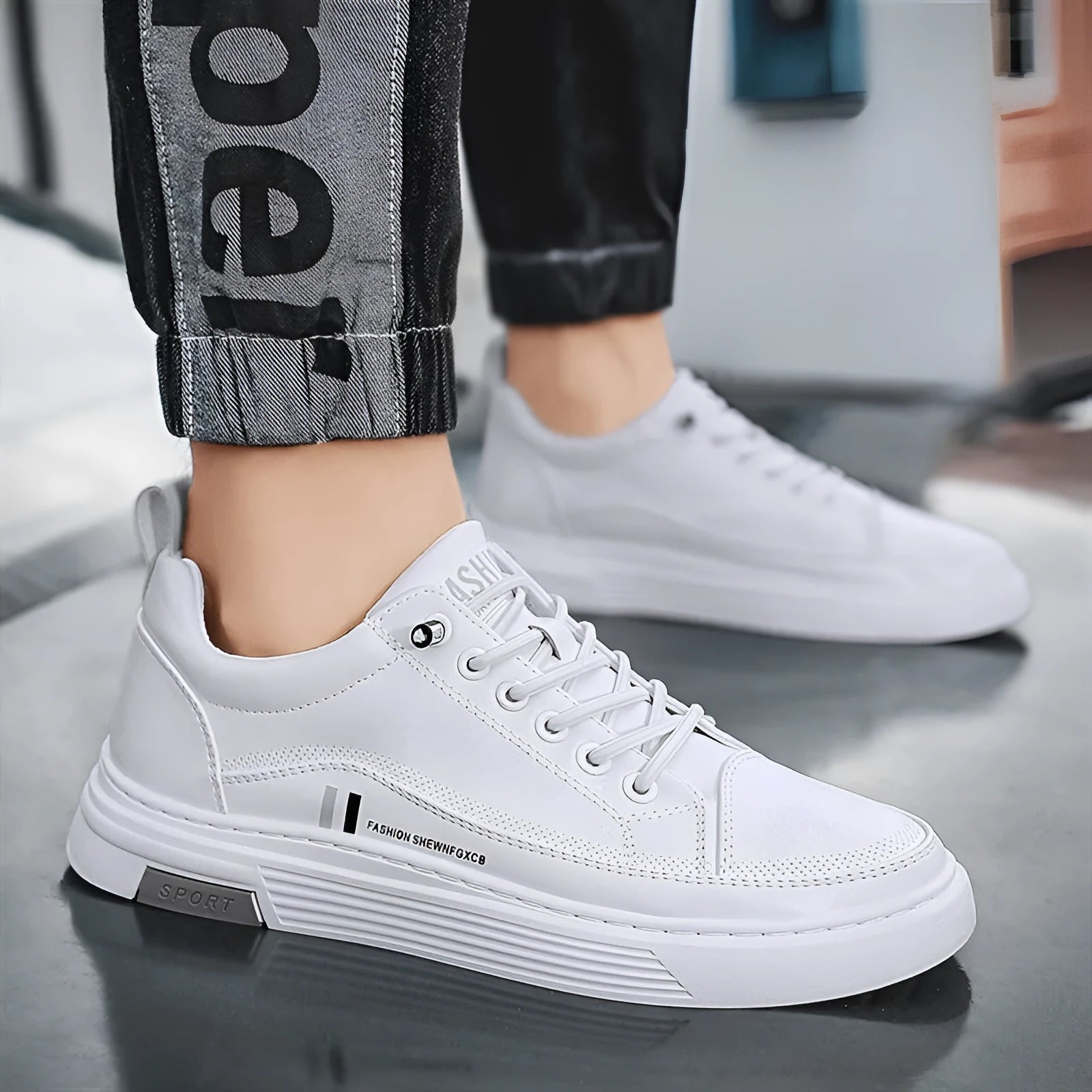 Men's black and white microfiber skateboard shoes with elastic band closure and rubber sole