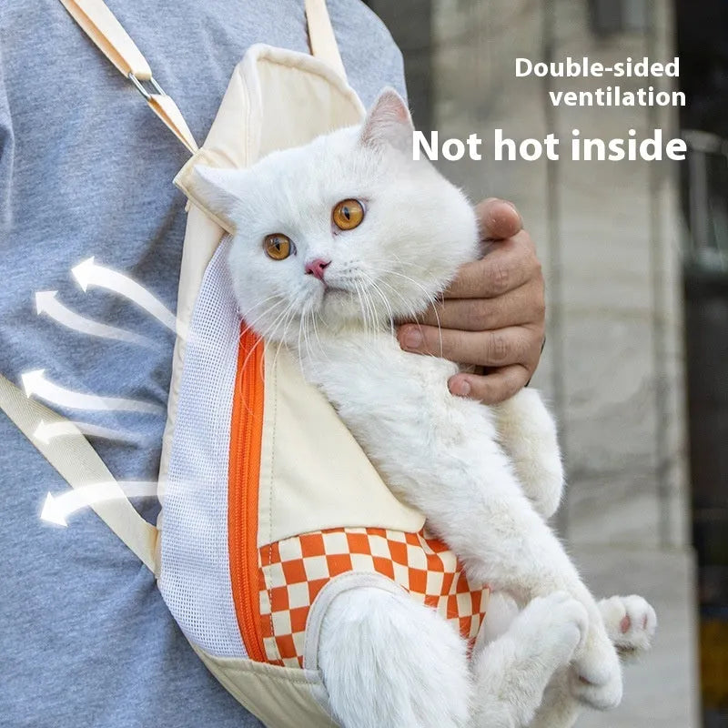 Soft non-woven canvas cat backpack in purple, orange, or blue with ventilation windows