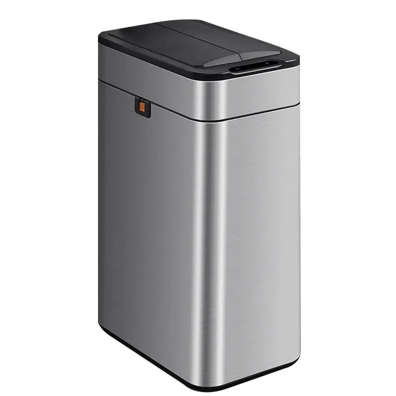 Stainless steel smart inductive trash can with square shape and automatic lid.