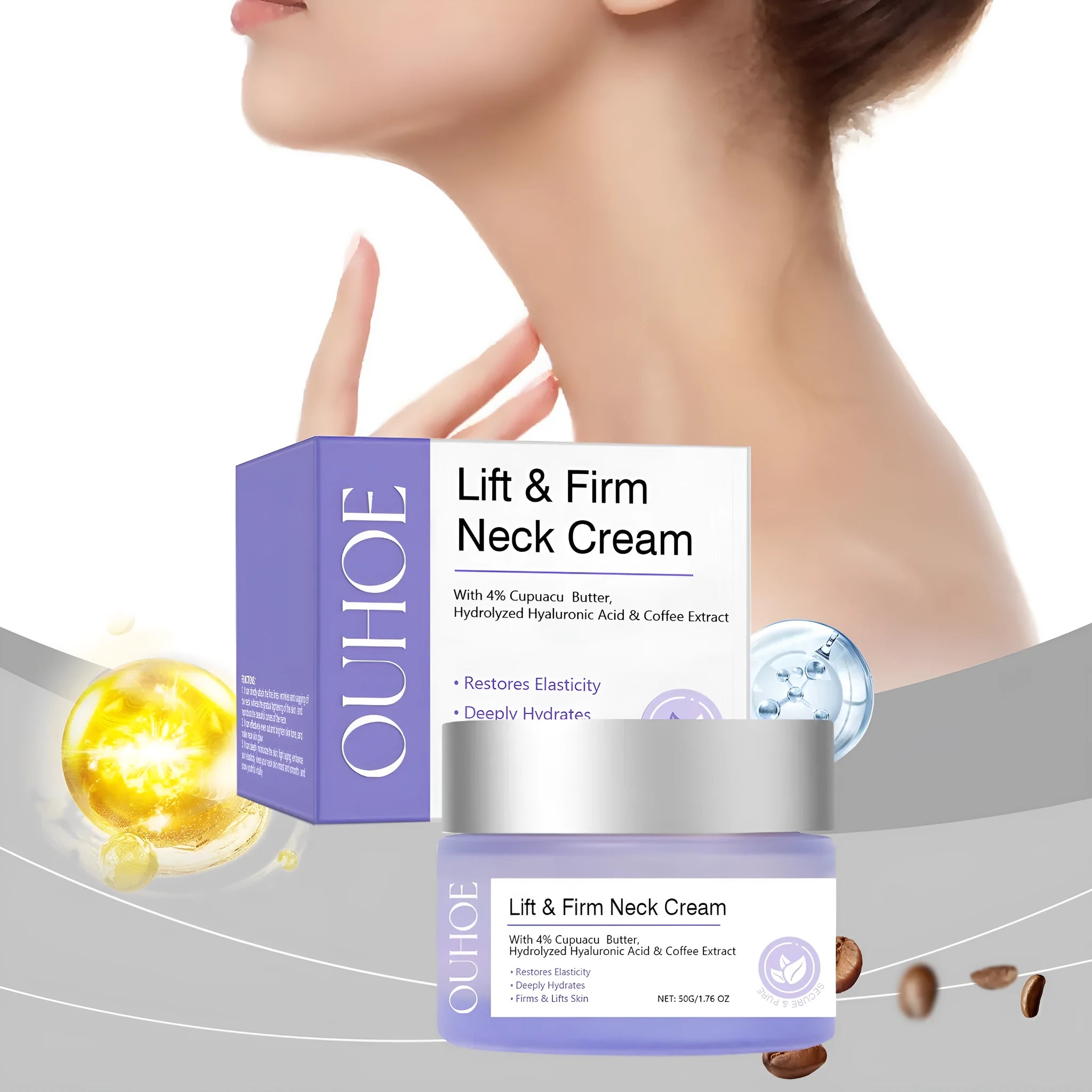 Jar of neck skin cream for moisturising and firming, net weight 50g.