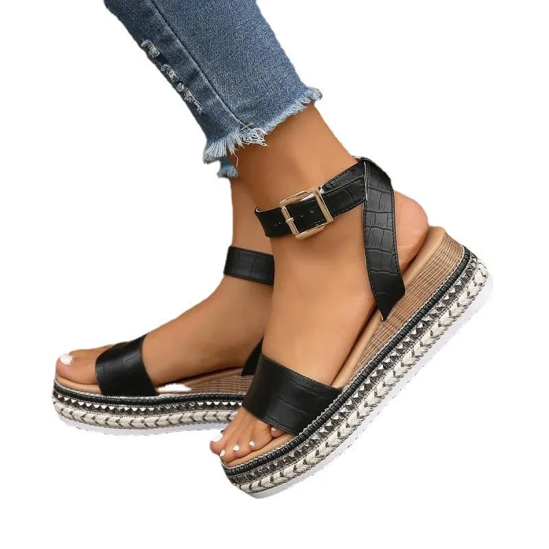 Women's plus size platform sandals with rope bottom, fish mouth toe, buckle fastening, in white, black, or apricot.