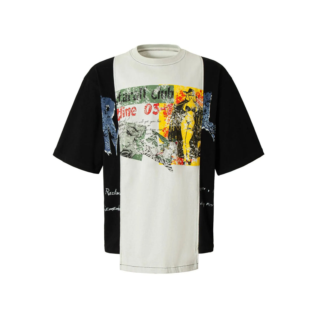 Black and white deconstruction print loose-fit cotton blend T-shirt on a hanger