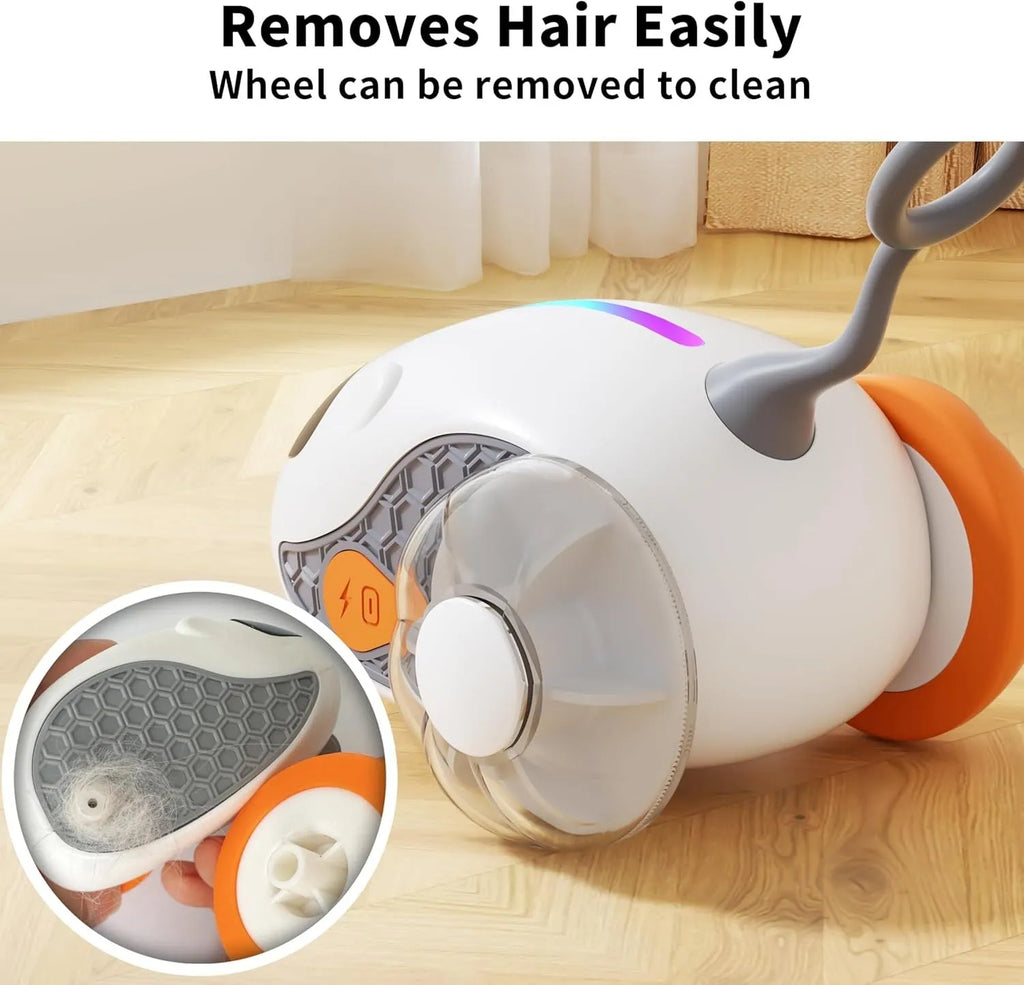 Interactive cat toy in blue with rechargeable joystick remote control and feather attachment for indoor cat exercise