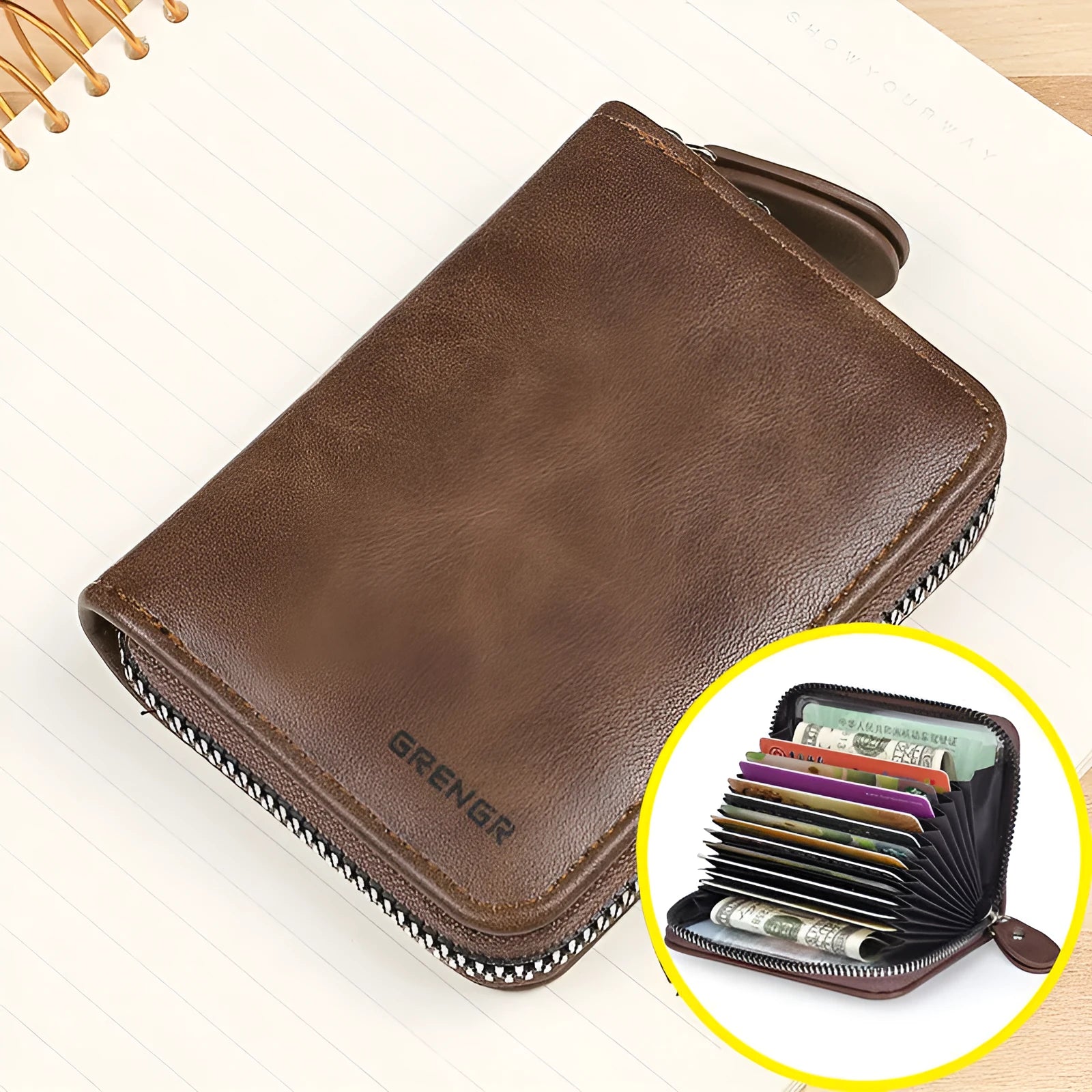 Dark brown synthetic leather women's card holder with anti-degaussing protection and 9-card capacity