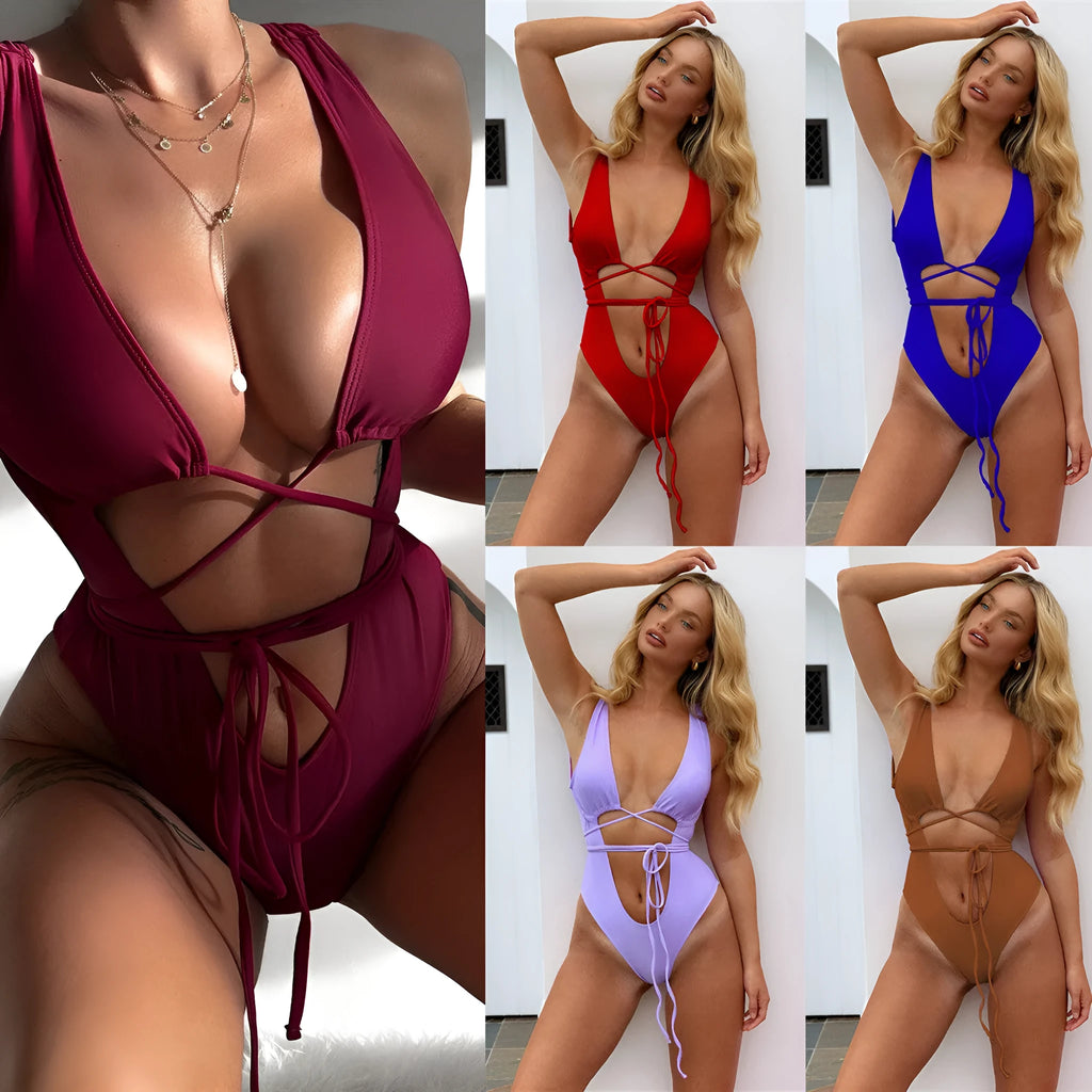 Hollow out strap one-piece swimsuit for women solid colour sleeveless swimwear