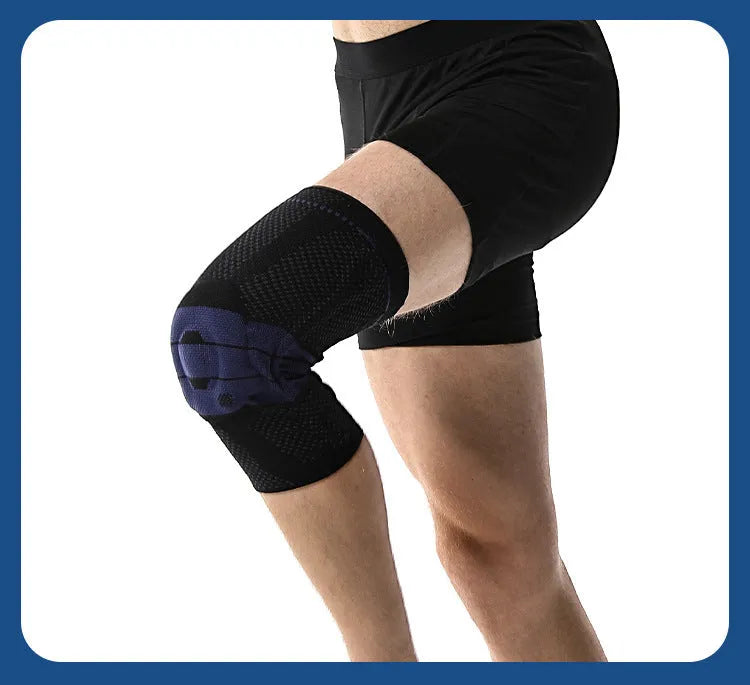 Adult sports kneecaps in black and blue colour, made from nylon and spandex material.