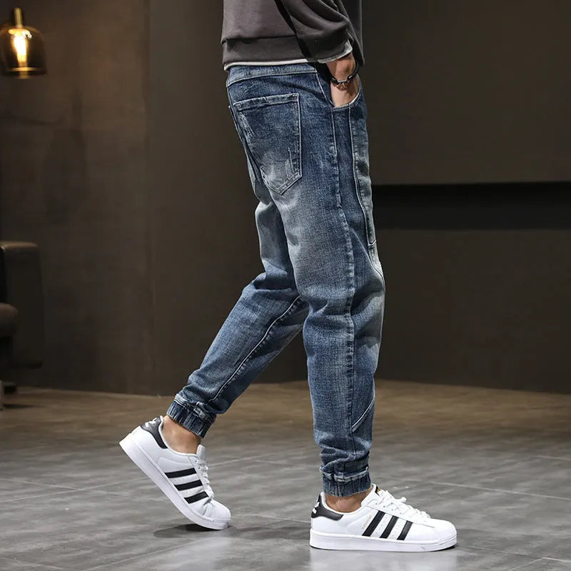 Men's blue plus size velvet stretch jeans with fleece lining, slim casual fit