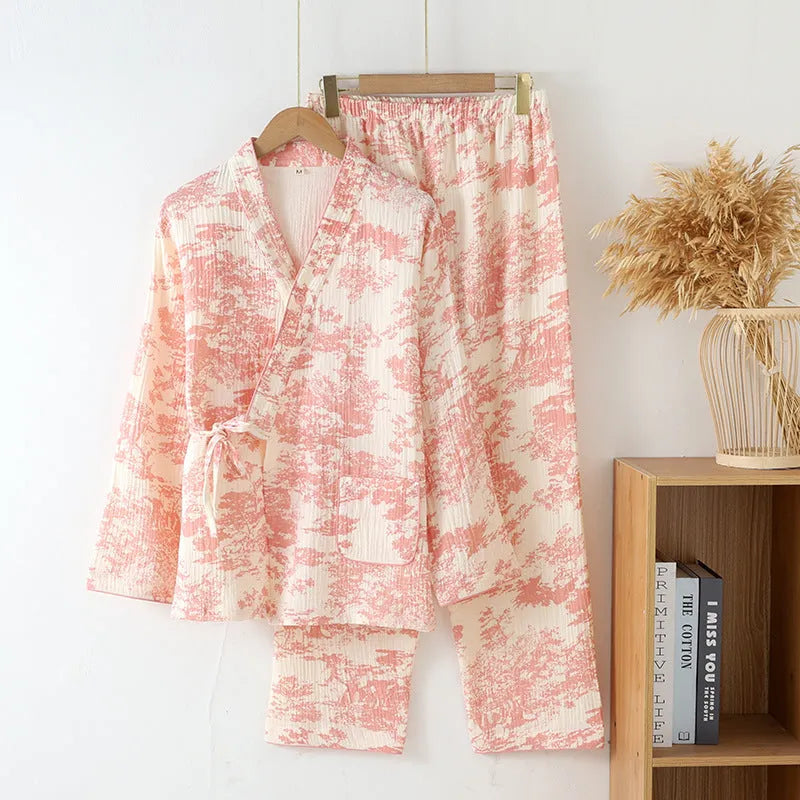Women's cotton gauze two-piece suit with long sleeves and lace-up trousers in frosted pine trees colour