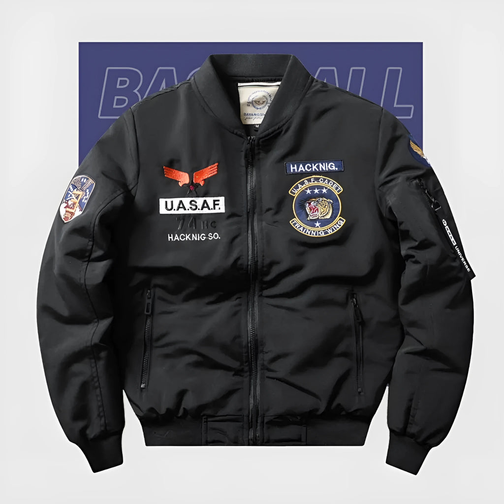 Men's slim-fit stand collar cotton-padded coat in blue, shown with embroidery and patch pockets.