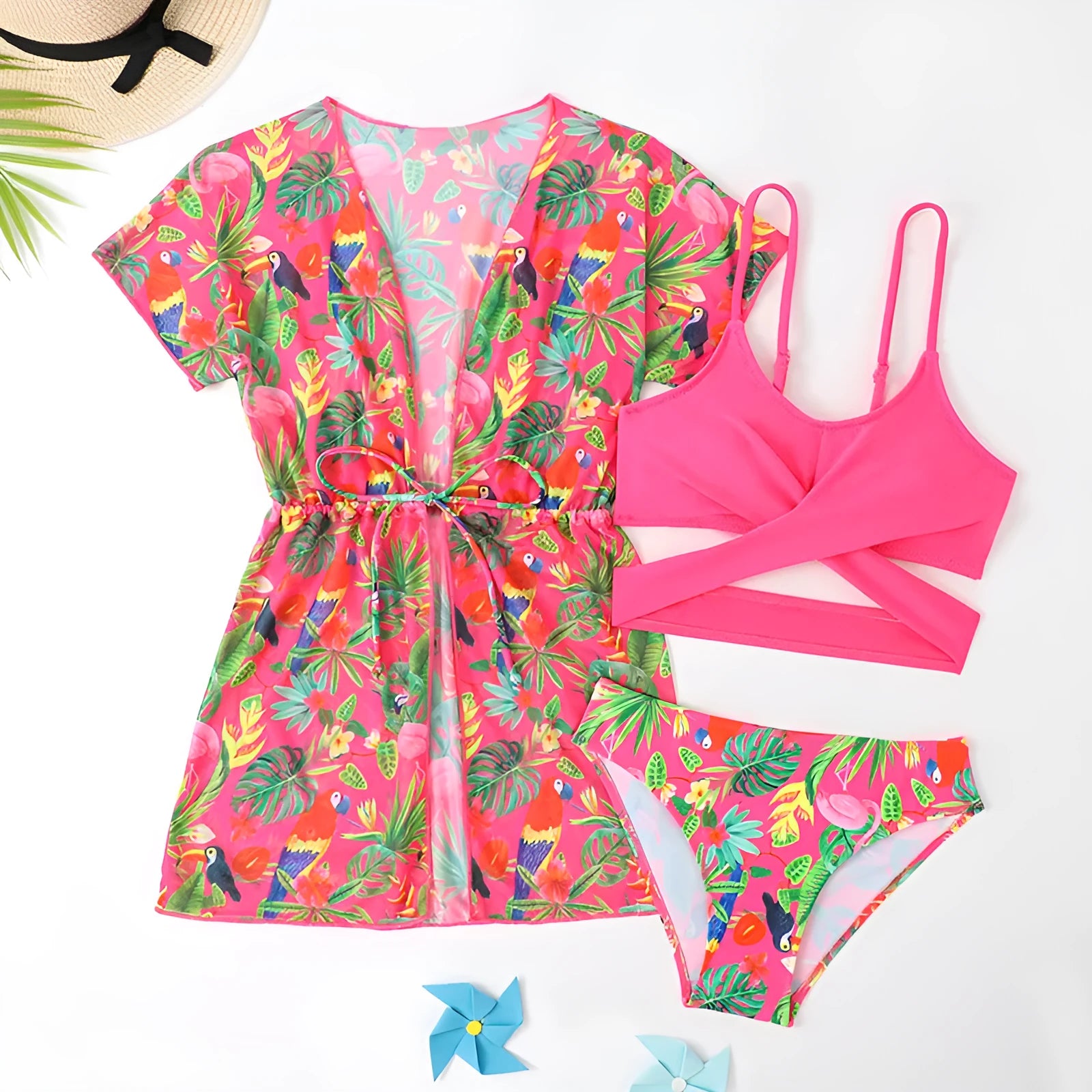 Girls floral split overclothes swimsuit bikini set in pictured colour for swimming activities