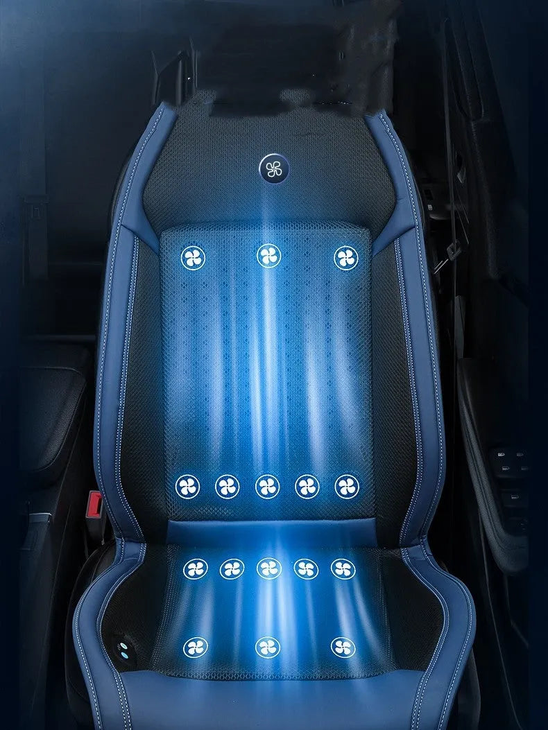 Black car seat cooling pad with minimalist design and USB power cable for 12V/24V systems.