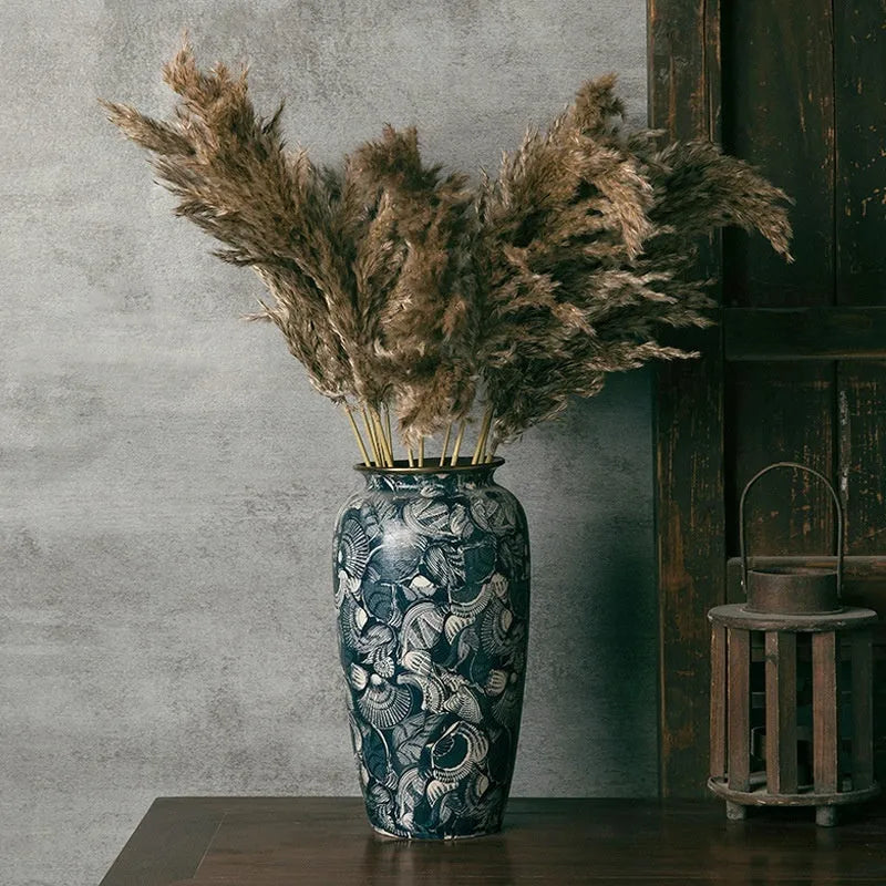 New Chinese retro artistic ceramic vase with dried flowers, decal surface finish, available in large size