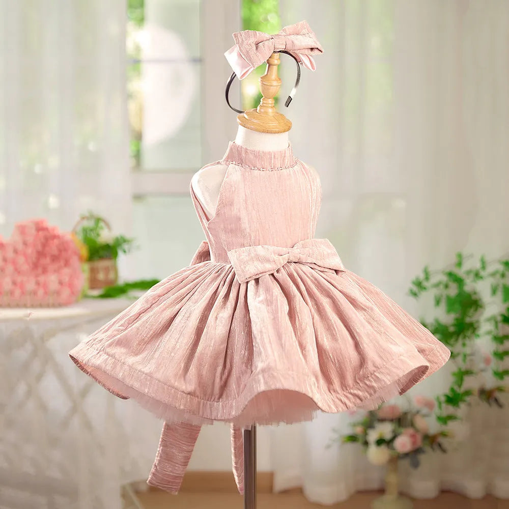 Girls pink halter pettiskirt dress for birthday parties, polyester lining, sizes 80cm to 160cm