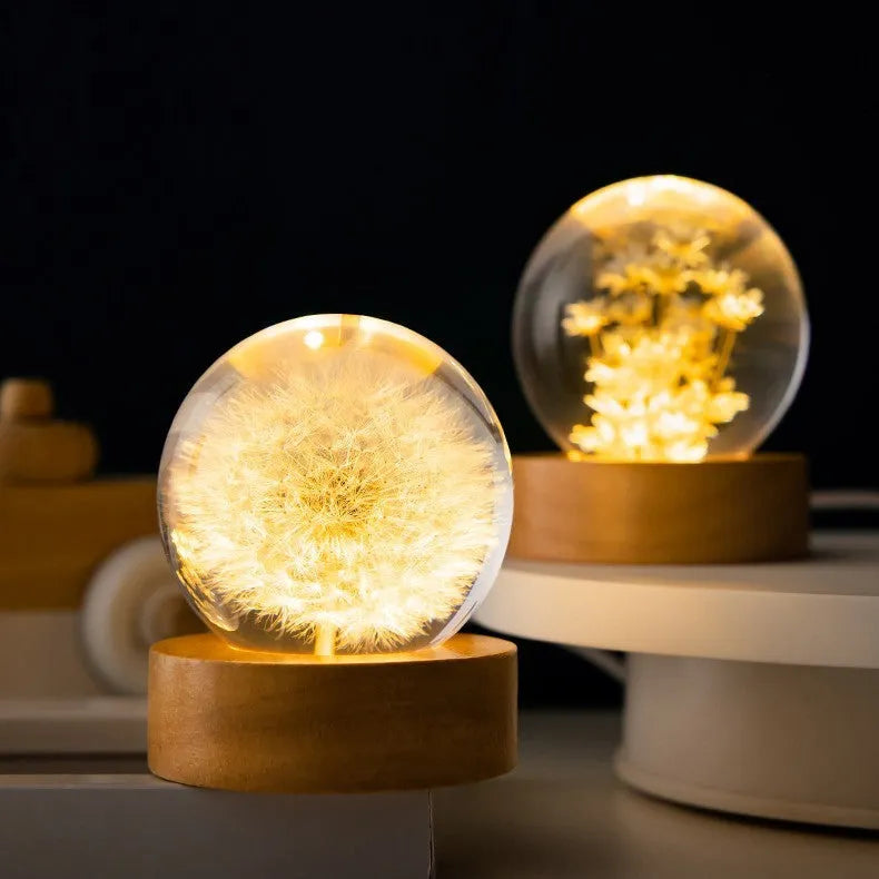 3D Dandelion Crystal Ball desktop ornament on beech wood base with USB cable