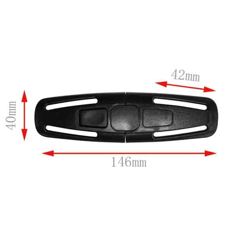 Black nylon child car seat harness buckle lock button measuring 14.5 by 4 centimetres.