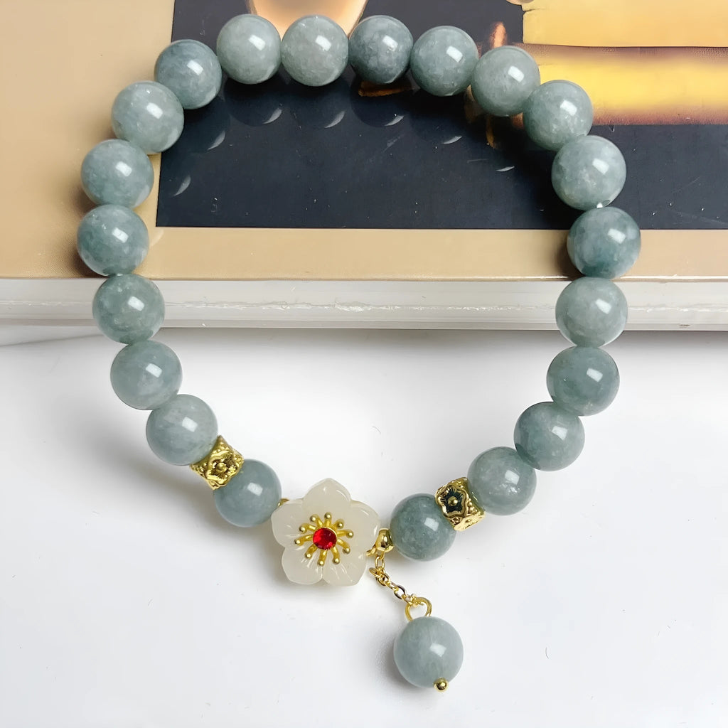 Women's adjustable jade bracelet with rope fastening in retro style