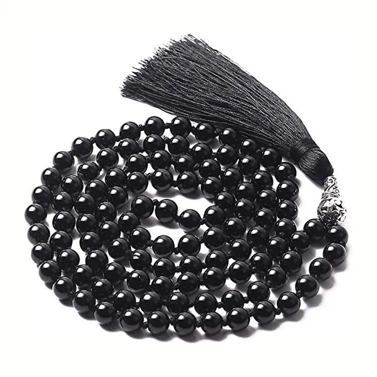 Agate tassel necklace with multiple stone colours including Indian agate, amethyst and blue grain stone on 95-100cm length