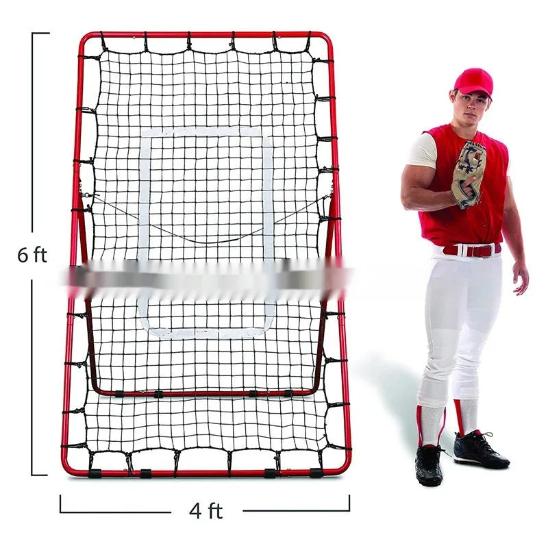 Red steel frame adjustable baseball training net for multi-sport practice in backyard setting
