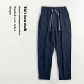 Men's striped cotton linen cropped summer casual pants shown in khaki, coffee, navy and white colour variations