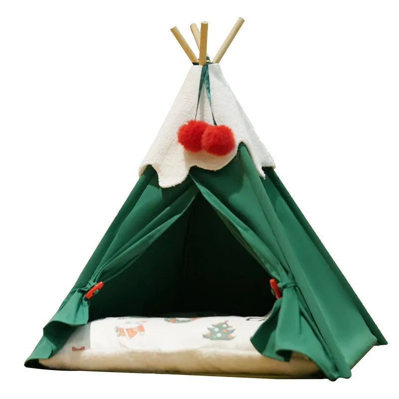 Brown and white semi-closed cloth cat house bed for winter, shown in two available sizes.