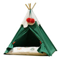 Brown and white semi-closed cloth cat house bed for winter, shown in two available sizes.