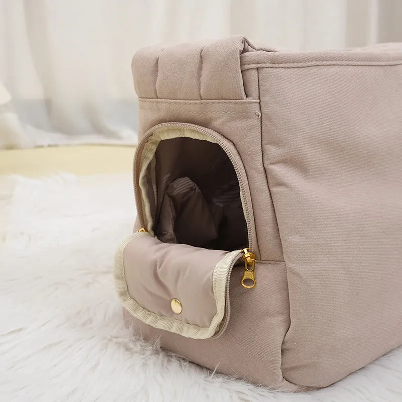 Large capacity soft surface messenger pet carrier bag in beige, 42x19x26.5cm, made from polyester spandex