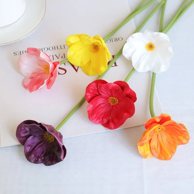 Fifteen PU artificial poppy flowers in bright red, dark purple, deep pink, orange, white, and yellow for wedding and home decor