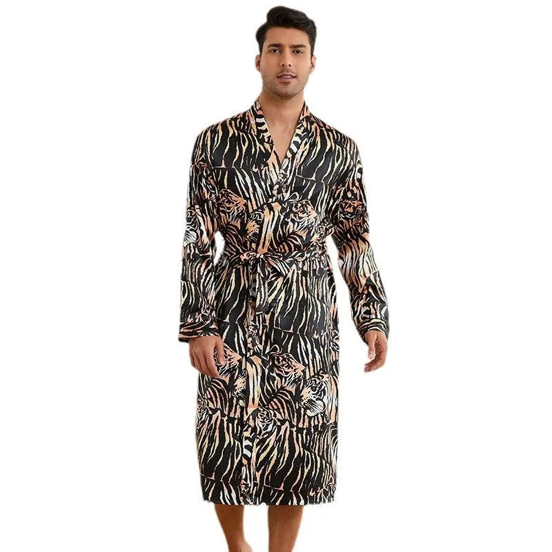 Men's tiger pattern rayon bathrobe set with long sleeve robe and matching shorts