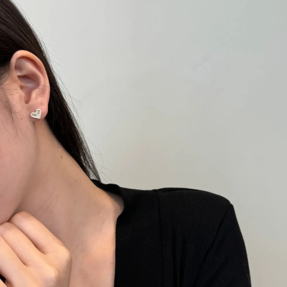 Sterling silver heart-shaped stud earrings with zircon rhinestone, electroplated finish, three colour options