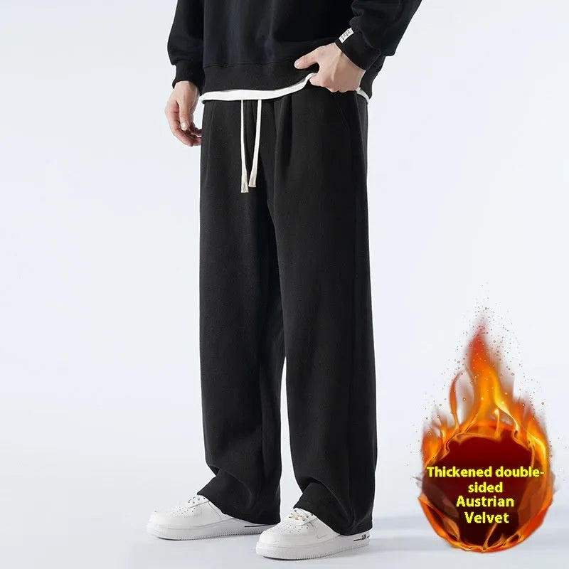 Men's apricot coloured double-sided polar fleece winter pants with a loose fit and drawstring waist.