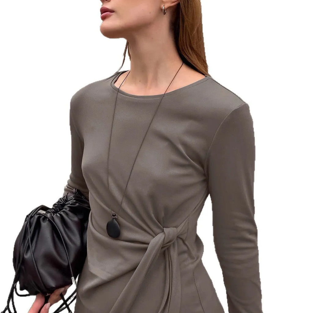 Women's two-piece dress set in khaki with retro crew neck and lace-up front, long sleeves and matching skirt