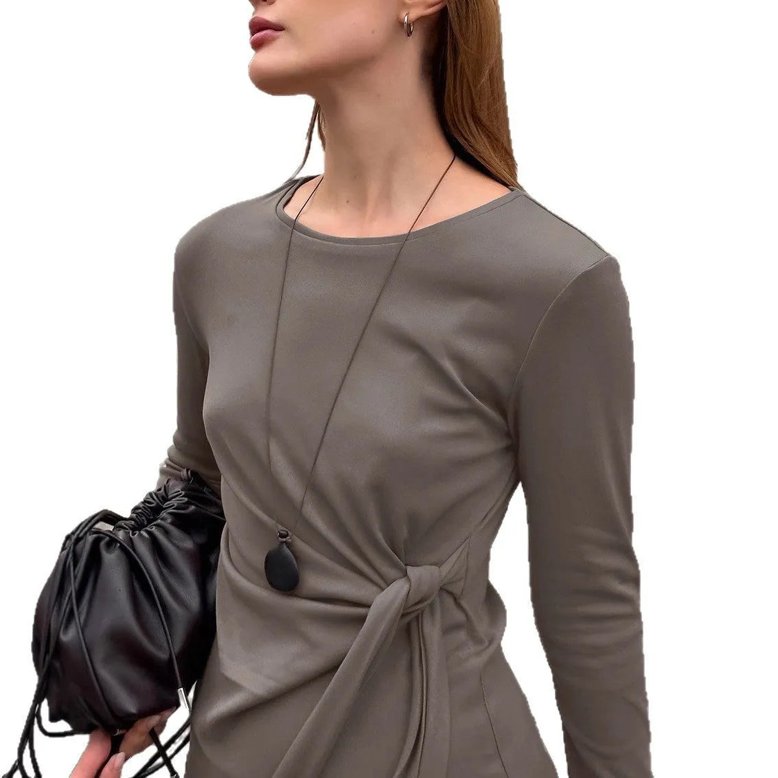 Women's two-piece dress set in khaki with retro crew neck and lace-up front, long sleeves and matching skirt