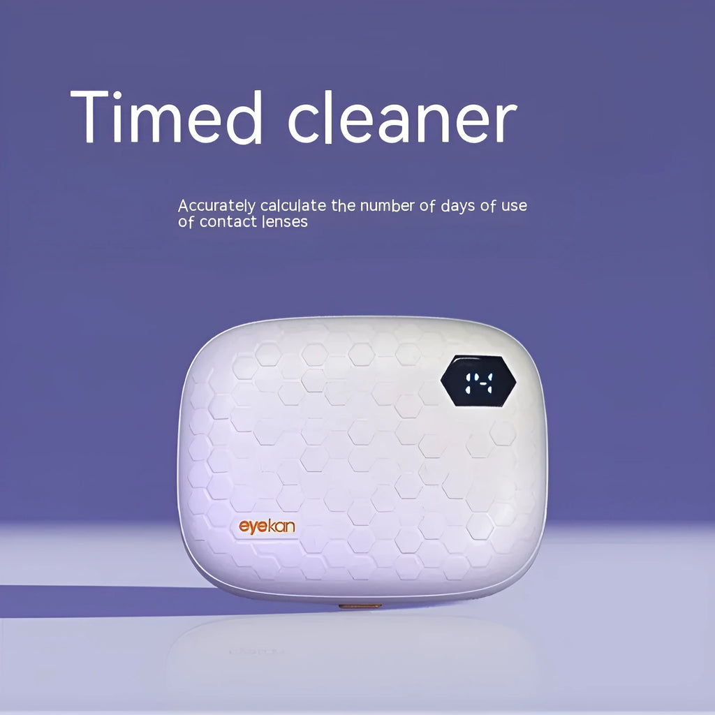 Automatic electric ultrasonic cleaning machine for invisible glasses in blue, pink, or pearl white.