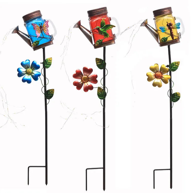 Solar iron kettle lamp with butterfly design, IP44 waterproof, 79.5cm tall for outdoor garden use