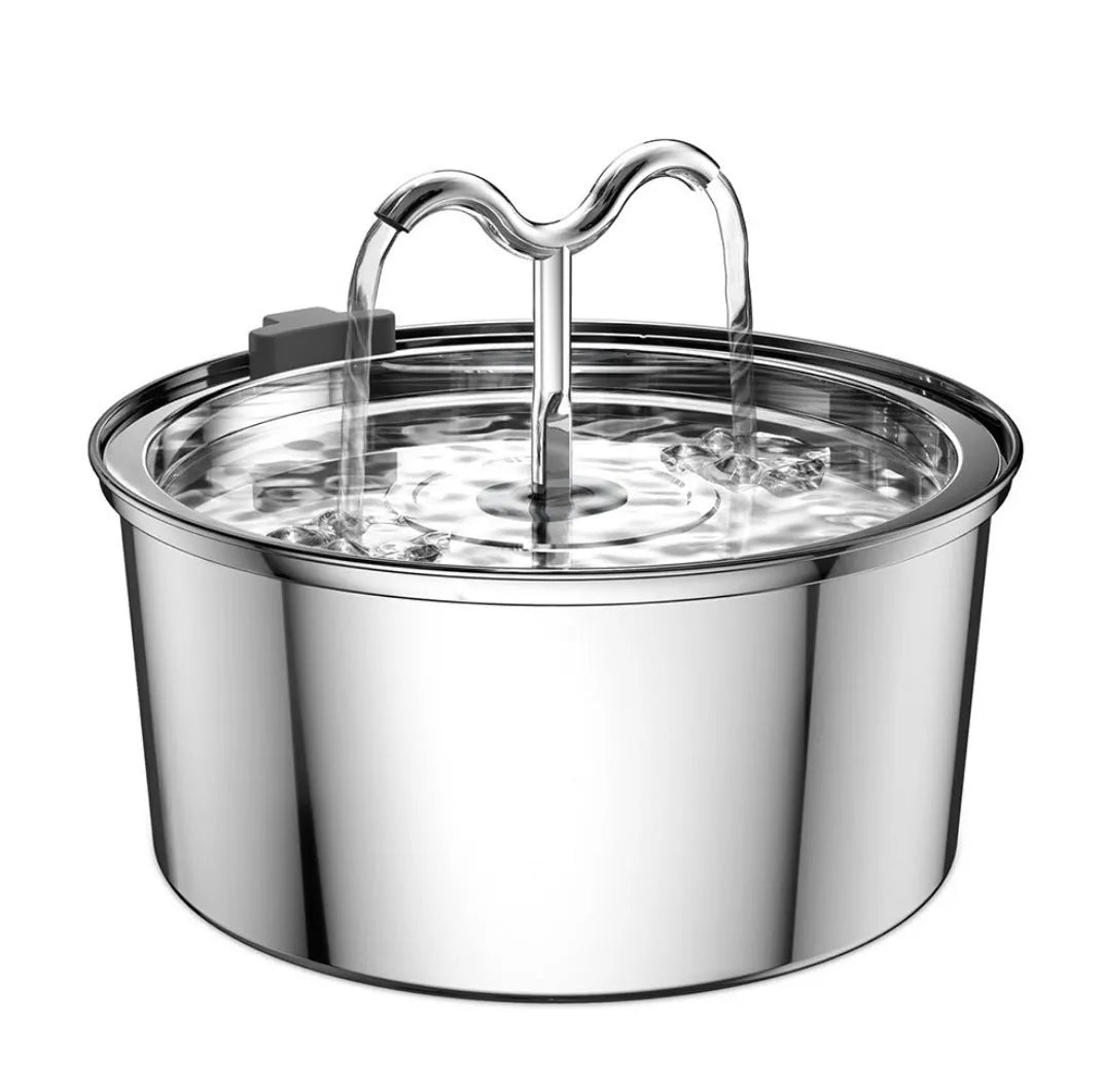 Stainless steel round pet water dispenser with large reservoir and selectable faucet attachment