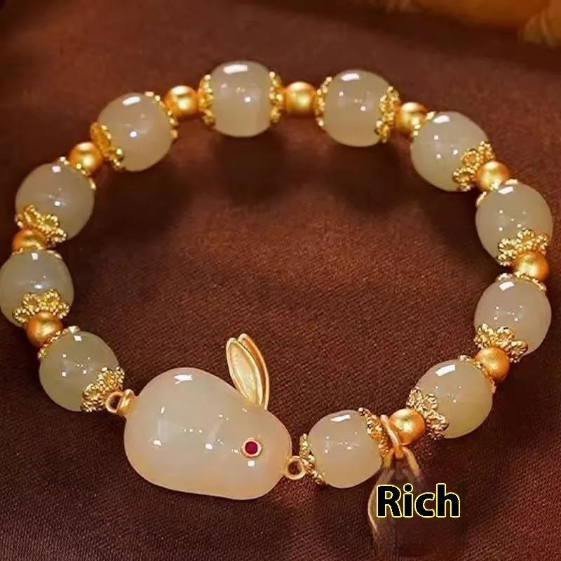 Green Chinese style jade hare bracelet for women with electroplating treatment and lily decorative elements