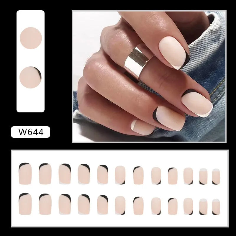Black and white frosted French manicure false nails set with mandarin duck colour pairing