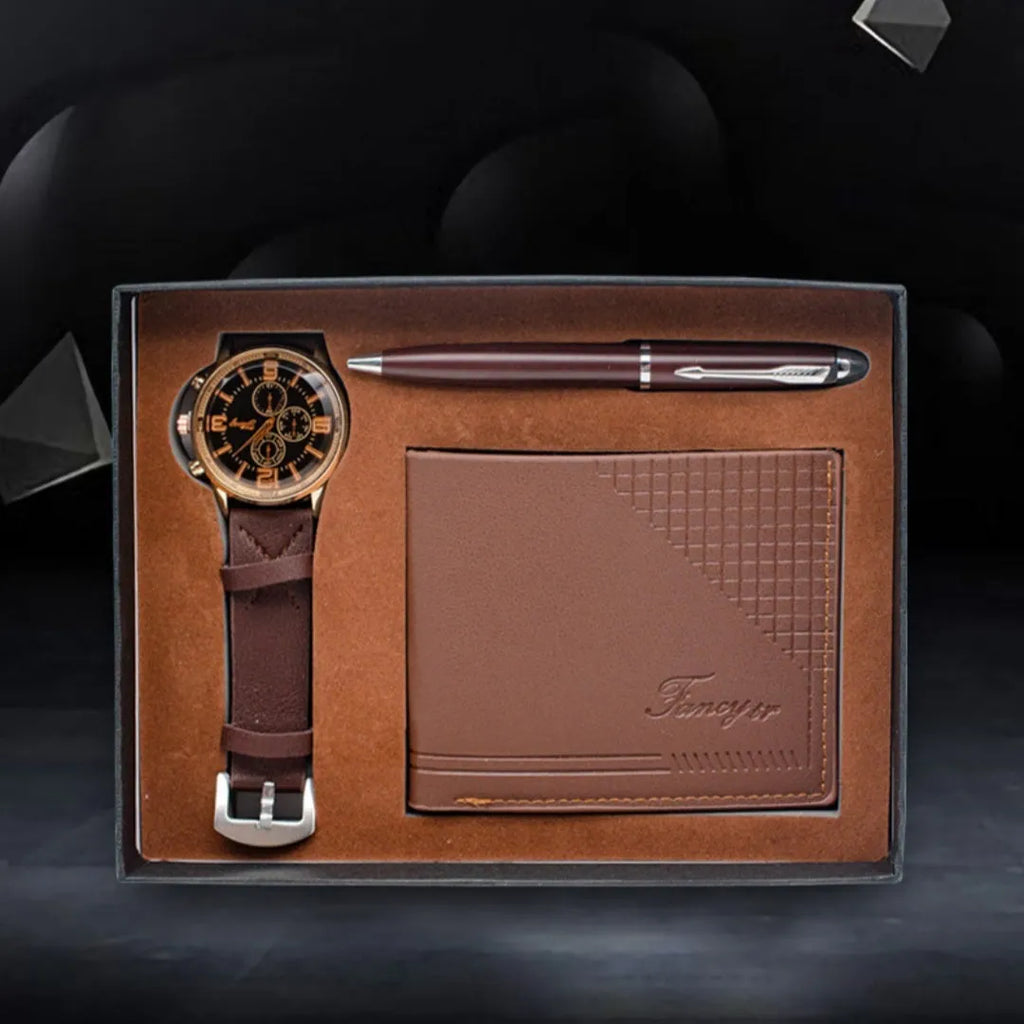 Brown and black wallet pen watch gift sets with modern simple style gift box packaging