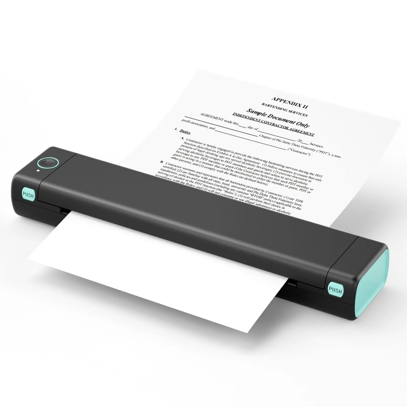Phomemo M08F white portable A4 thermal printer on a desk next to a mobile phone.