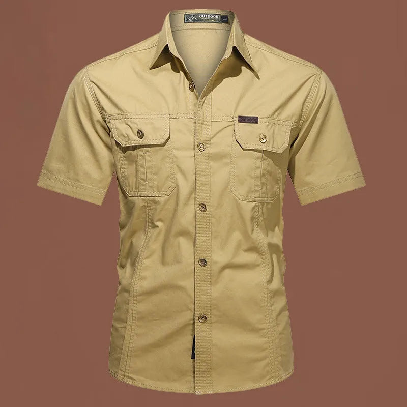 Men's army green cotton work shirt with short sleeves and a cardigan style, laid flat.