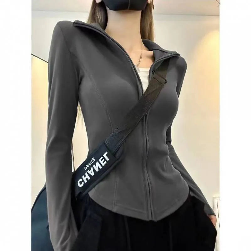 Women's slim fit Dralon cardigan with zipper, flying sleeves, solid colour, gray