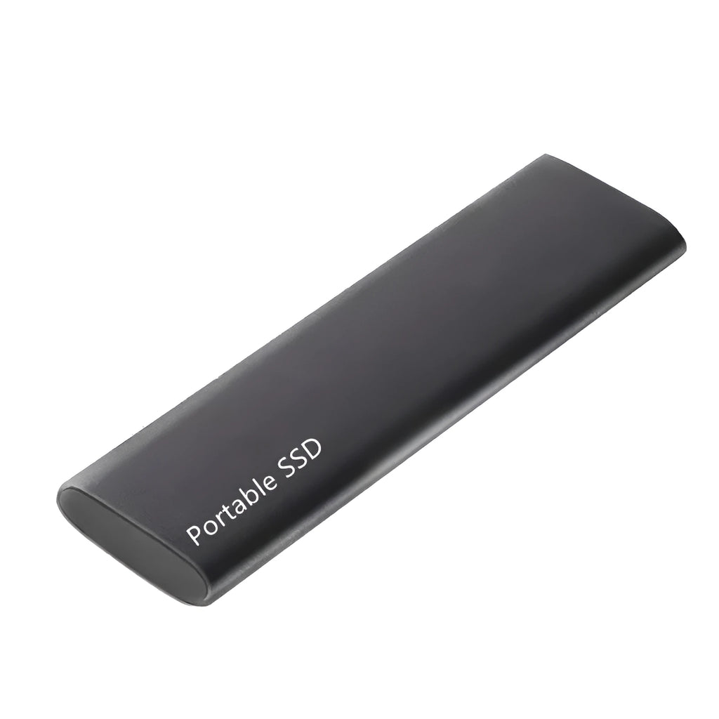 Ultra-thin external mobile solid-state drive with a metal shell, showing red interface connector.
