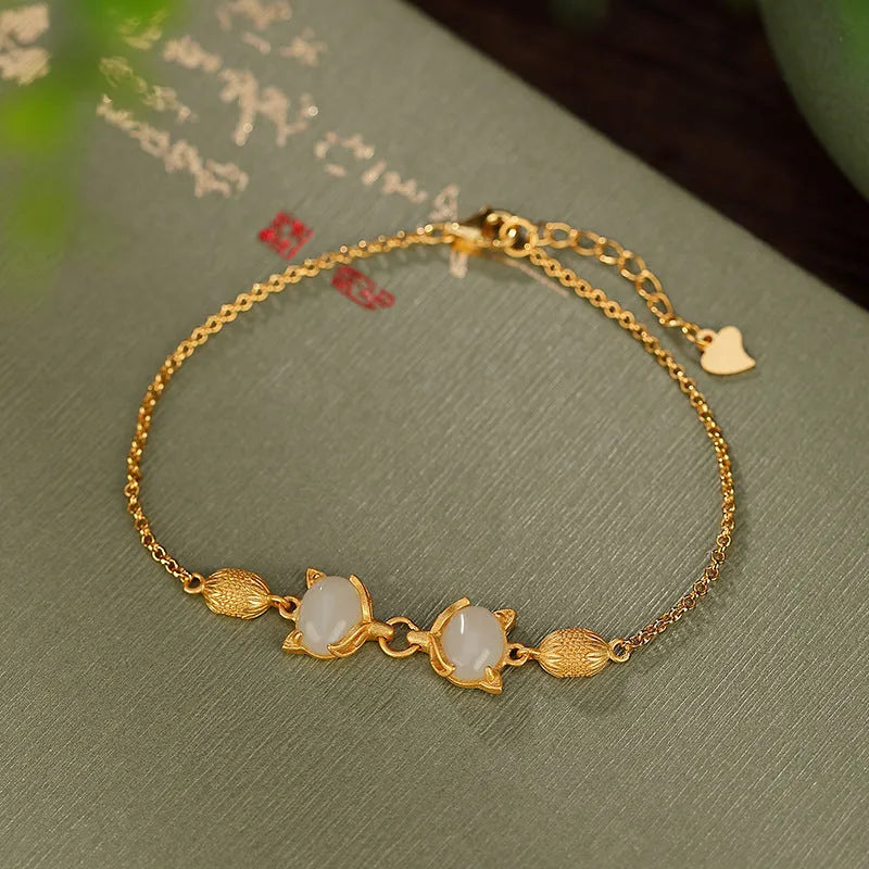 925 sterling silver bracelet with fox charm and natural stone bead on adjustable chain